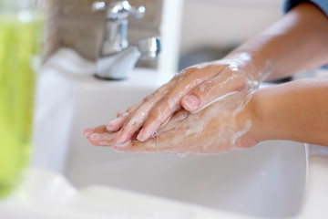 Corona virus prevention, Hygiene to stop spreading coronavirus, Close up of washing hands rubbing with soap, Sanitiser clean hand for Covid-19 protection, Stay safty, Health care for epidemic