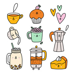 Cute coffee and tea cartoon characters, vector set