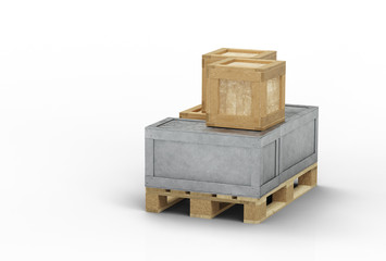 Wood and Metal transportation boxes with different sizes loaded on a wood pallet