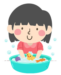Kid Girl Washing Toys Illustration