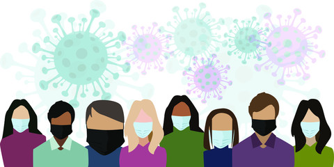 Group of people wearing medical masks to prevent disease, flu, air pollution, contaminated air, world pollution. Stock vector illustration in a flat style. Wuhan Novel coronavirus (2019-nCoV).Concept 