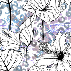 Fototapeta premium Floral Black White Pattern. Modern Watercolor