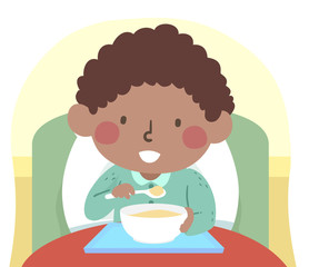 Kid Boy Sick Eat Alone Bed Illustration