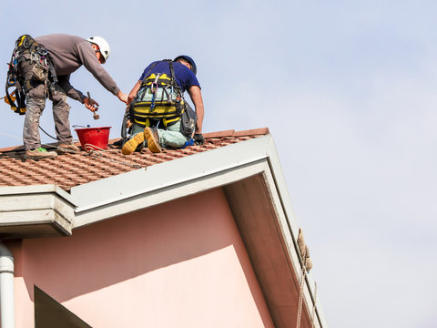 two bricklayers carry out maintenance on the roof