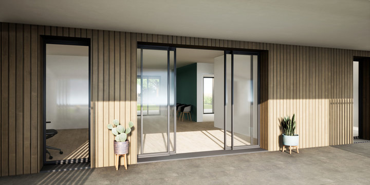 vue 3d baie vitr&eacute;e entr&eacute;e b&acirc;timent 