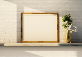 Interior poster mockup with a golden frame. Empty frame for lettering and photo. 3D rendering.