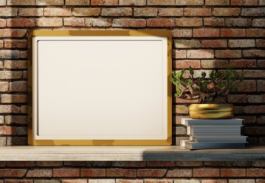 Empty frame and bonsai tree in a pot on a stack of books. Brick wall and wooden shelf. Morning sunshine. 3D rendering.