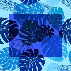 Colorful silhouettes of monstera leaves on blue background. Vector illustation. Template for print, card, invitation, wedding card, greeting, save the date.