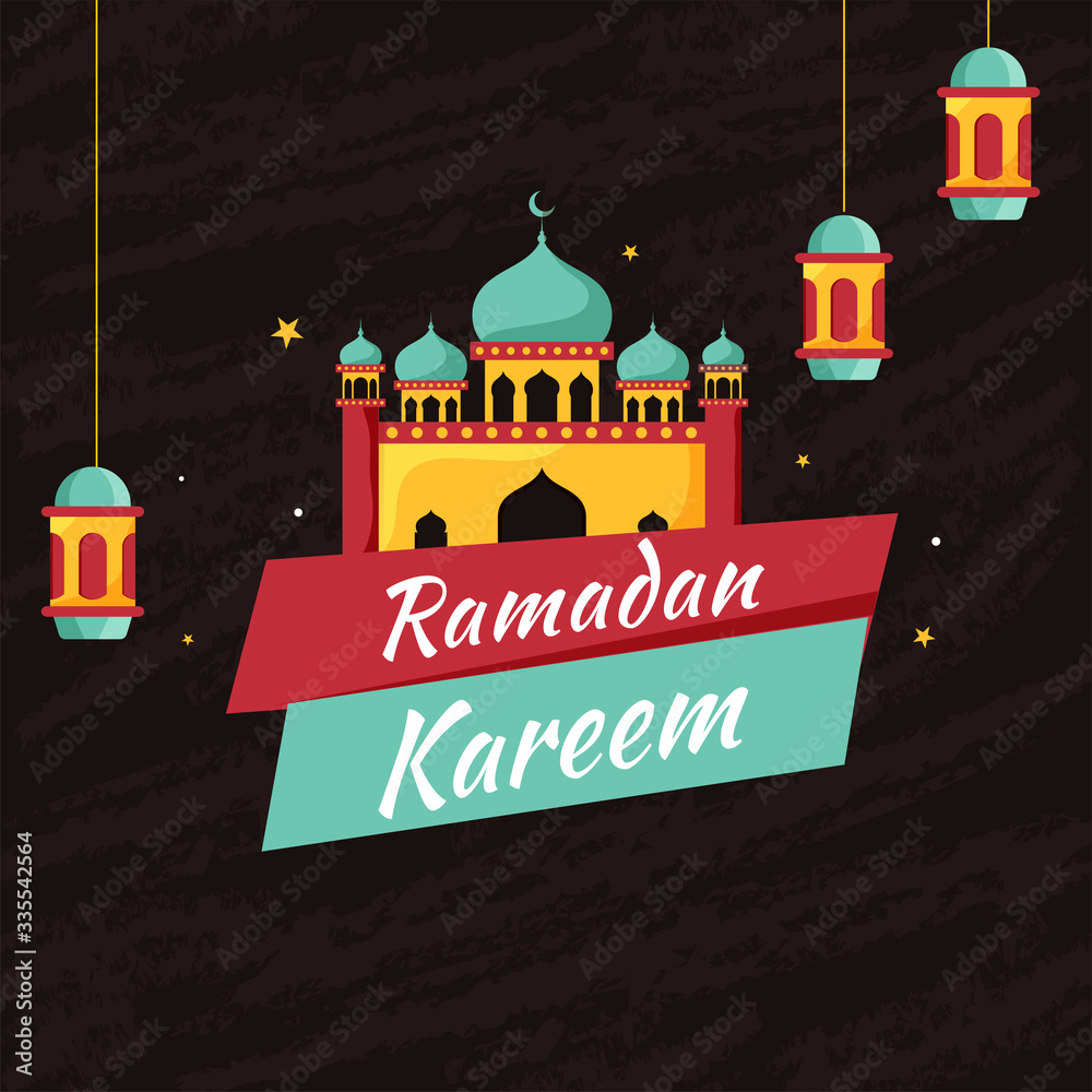 Sticker Islamic Holy Month of Ramadan Kareem with Illuminated Lanterns, and Beautiful Mosque on Brown Background.