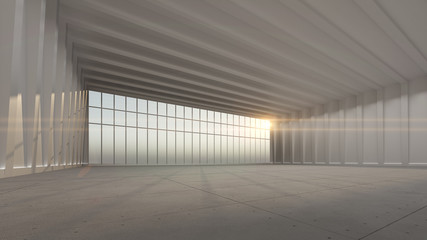 Sunny spacious hangar area with concrete floor and windows in floor 3D Render
