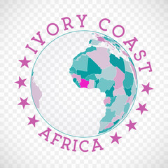 Ivory Coast round logo. Badge of country with map of Ivory Coast in world context. Country sticker stamp with globe map and round text. Awesome vector illustration.