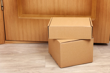 Contact less delivery concept, touch free shipment, carboard box, safe order from online shop