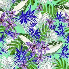 Floral seamless pattern with bright tropical leaves and exotic flowers. Abstract background texture. 