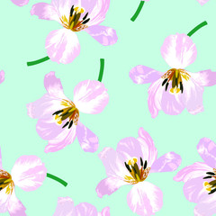 Floral seamless pattern with pink tulips on mint background. Abstract texture.
