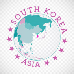 South Korea round logo. Badge of country with map of South Korea in world context. Country sticker stamp with globe map and round text. Modern vector illustration.