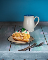 A sweet snack with a portion of biscuit cake cooked at home