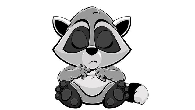 Cartoon little raccoon is sad and crying. Animated mascot sticker. Loop, transparent background.