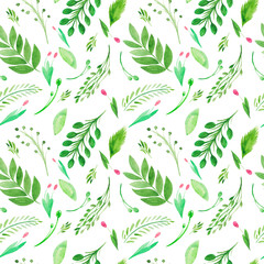 Seamless pattern of branches and leaves flowers berries strawberries on a white background Watercolor illustration spring greens