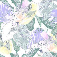 Floral seamless pattern with bright tropical leaves and exotic flowers. Abstract background texture. 