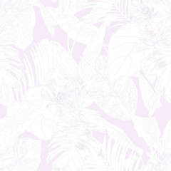 Seamless tropical pattern with leaves and exotic flowers.  Graphic vector background.