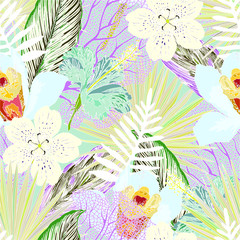 Floral seamless pattern with bright tropical leaves and exotic flowers. Abstract background texture. 