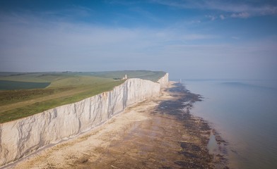 Aerial view of  Seven Sisters and Beachy Head Lighthouse, East Sussex, England