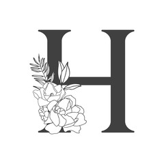 Vector flower alphabet. Floral design of letter H. Decoration of wedding invitations, cards, business cards of florists. Large delicate flowers in a line style