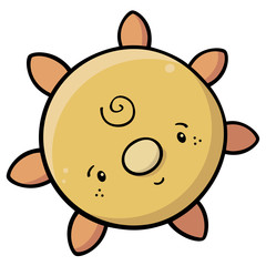 Vector drawing of a cute sun smiling with flat colors and a black outline isolated on white. Can represent a forecast, nice weather, a sun tan, summer, heat or light.

