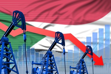 lowering, falling graph on Sudan flag background - industrial illustration of Sudan oil industry or market concept. 3D Illustration