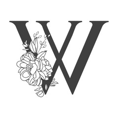 Vector flower alphabet. Floral design of letter W. Decoration of wedding invitations, cards, business cards of florists. Large delicate flowers in a line style