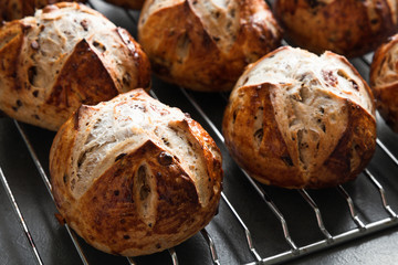 Homemade buns on a baking sheet close up view. Homemade pastry