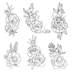 Set of elegant florals arrangements in black and white with white fill. Hand-drawn big flowers. Design wedding invitation, envelopes, greeting card template. Vector illustration