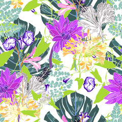 Floral seamless pattern with bright tropical leaves and exotic flowers. Abstract background texture. 