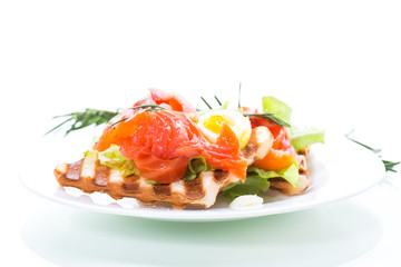fried bread toast with salad leaves and salted red fish