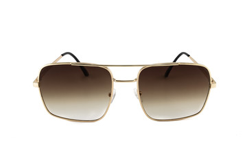 Brown aviator sunglasses with gold frame and gradient glasses isolated on white background, front view.