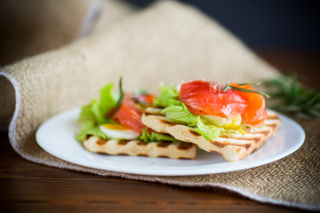 fried bread toast with salad leaves and salted red fish