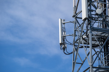 5G technology. Telecommunications and Wireless Cell Equipment Tower with Directional Mobile Phone...