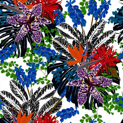 Floral seamless pattern with bright tropical leaves and exotic flowers. Abstract background texture. 