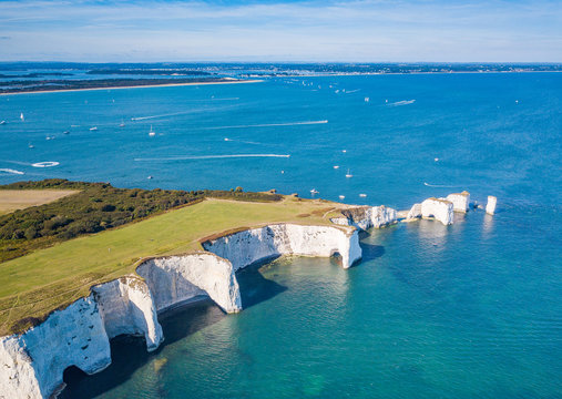 Aerial view of Old Harry Rocks Cliffs, Swanage, Studland, Dorset, UK