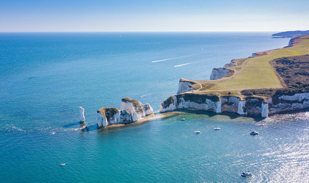 Aerial view of Old Harry Rocks Cliffs, Swanage, Studland, Dorset, UK