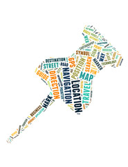 Obraz premium Pin shape for navigation and travel word cloud concept