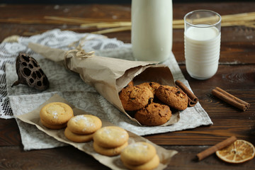 Presentation of homemade cookies with milk