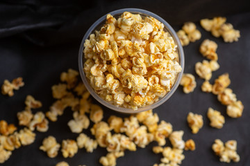 Popcorn in a large bucket.
