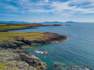 Aerial view of Aberffraw Bay and Snowdonia Mountains, Ty Croes, Anglesey, Wales, UK