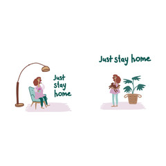 Set Just Stay Home. Young smiling girl at home, hugs a cat, enjoys a treat at home. Coronavirus pandemic, self-isolation, healthcare, protection. Flat colorful vector sticker icon illustration