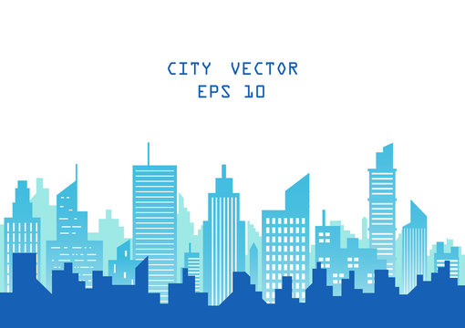 silhouette blue city building in flat illustration vector, urban cityscape design for background 