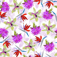 Floral seamless  pattern with bright  exotic flowers. Abstract background texture.