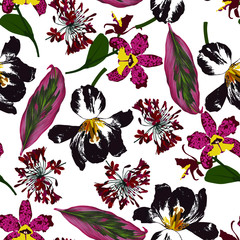 Floral seamless  pattern with bright tropical leaves and exotic flowers. Abstract background texture.