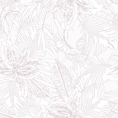 Seamless tropical pattern with leaves and exotic flowers.  Graphic vector background.