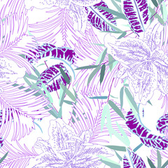 Seamless tropical pattern with leaves and exotic flowers.  Graphic vector background.